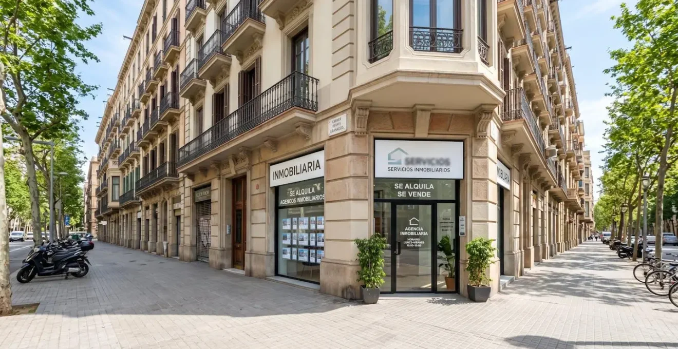 Calle del barrio Eixample en Barcelona con fachada de agencia inmobiliaria y arquitectura modernista europea