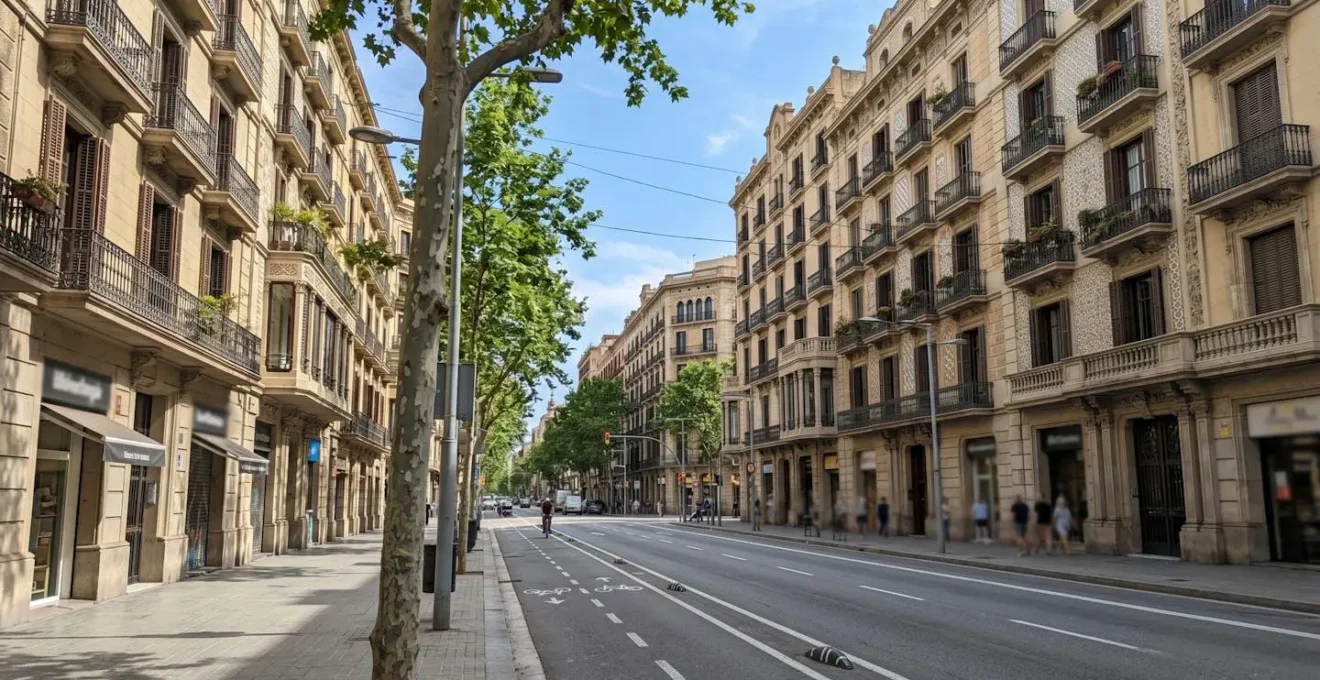 Vista de una calle típica del Eixample barcelonés con edificios modernistas, perspectiva desde la acera, sin tráfico visible, luz natural diurna