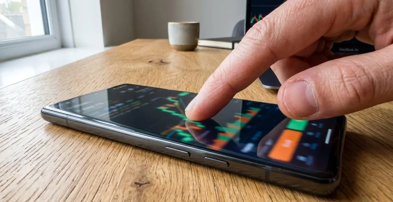 Primer plano de un dedo tocando la pantalla de un smartphone que muestra un gráfico borroso de evolución de precios, sobre superficie de madera moderna