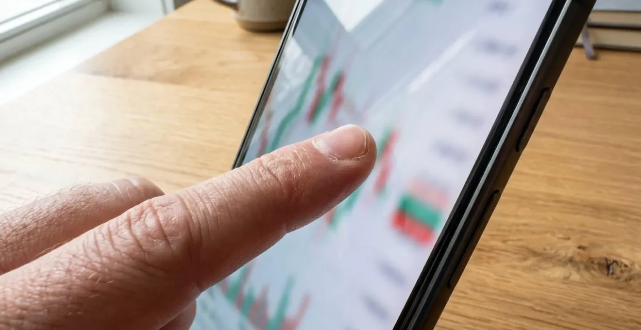 Primer plano de un dedo tocando la pantalla de un smartphone que muestra un gráfico borroso de evolución de precios, sobre superficie de madera moderna