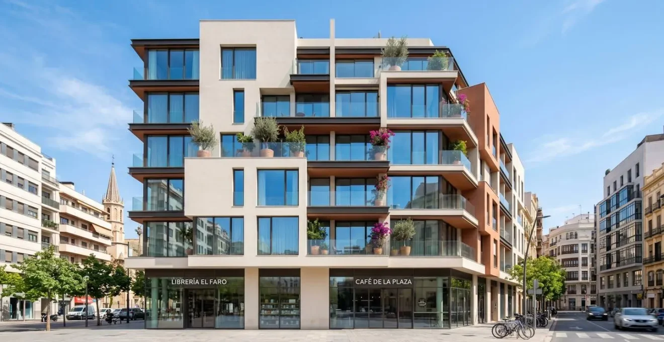 Fachada de un edificio residencial contemporáneo con ventanas amplias y balcones limpios, en un día soleado, sin personas en primer plano