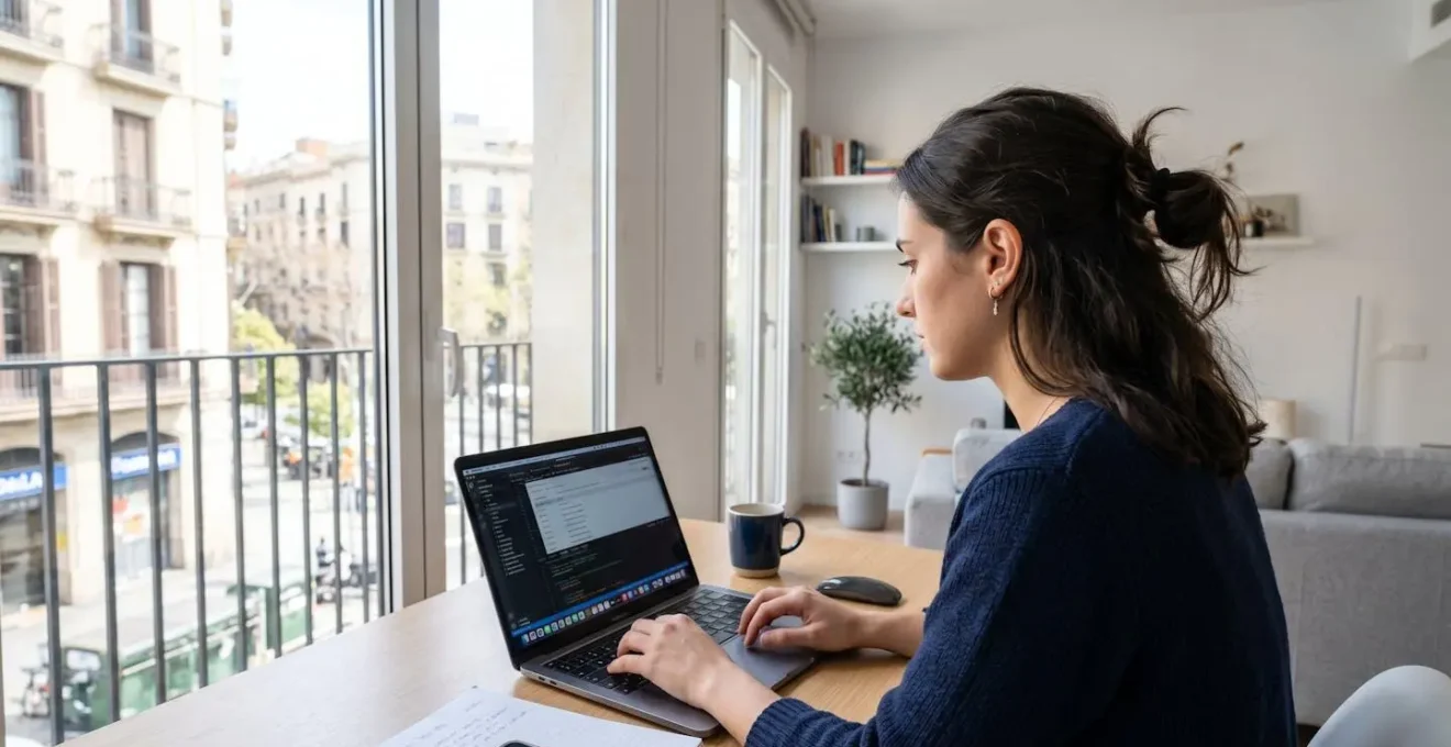 Una joven profesional consulta información en su portátil desde un apartamento luminoso en Barcelona