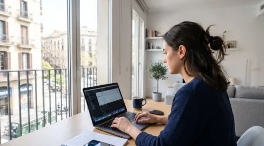 Una joven profesional consulta información en su portátil desde un apartamento luminoso en Barcelona