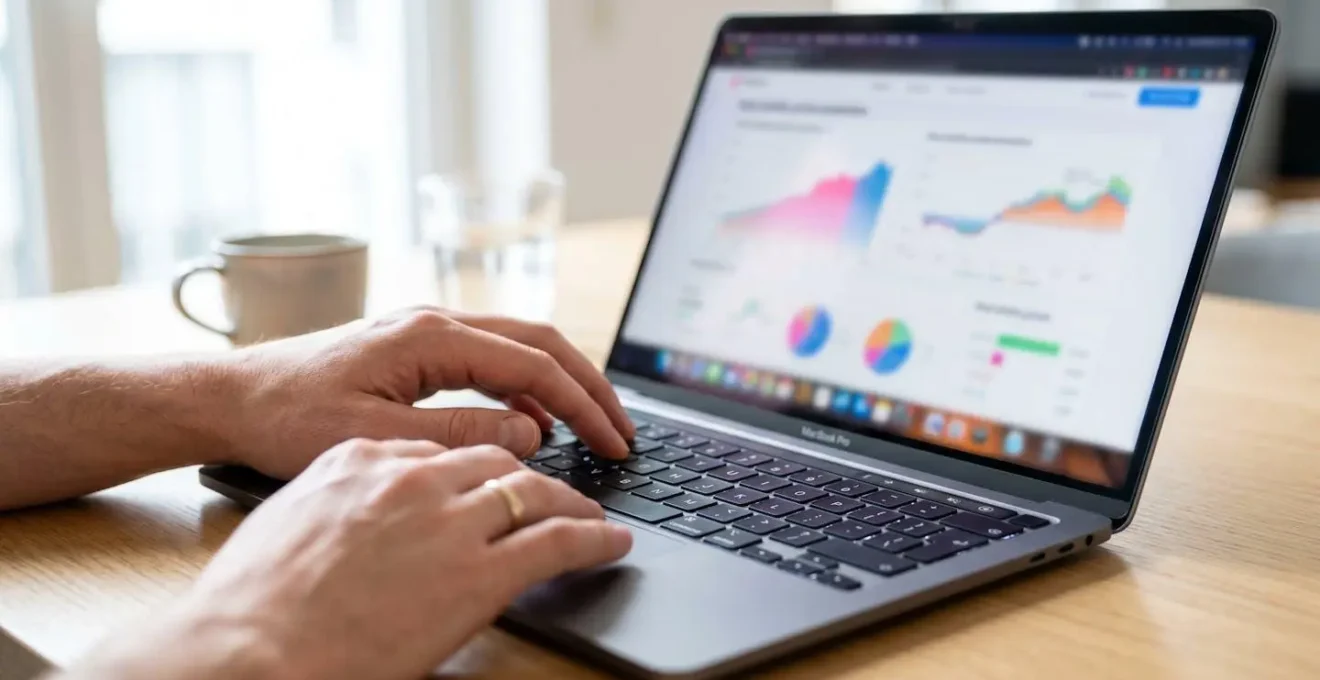 Primer plano de manos tecleando en el teclado de un portátil moderno, con pantalla mostrando gráficos de datos totalmente desenfocados en segundo plano