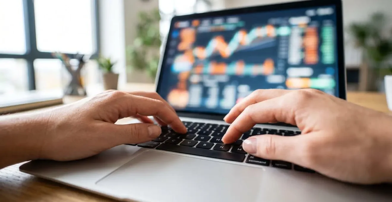 Primer plano de manos tecleando en el teclado de un portátil moderno, con pantalla mostrando gráficos de datos totalmente desenfocados en segundo plano