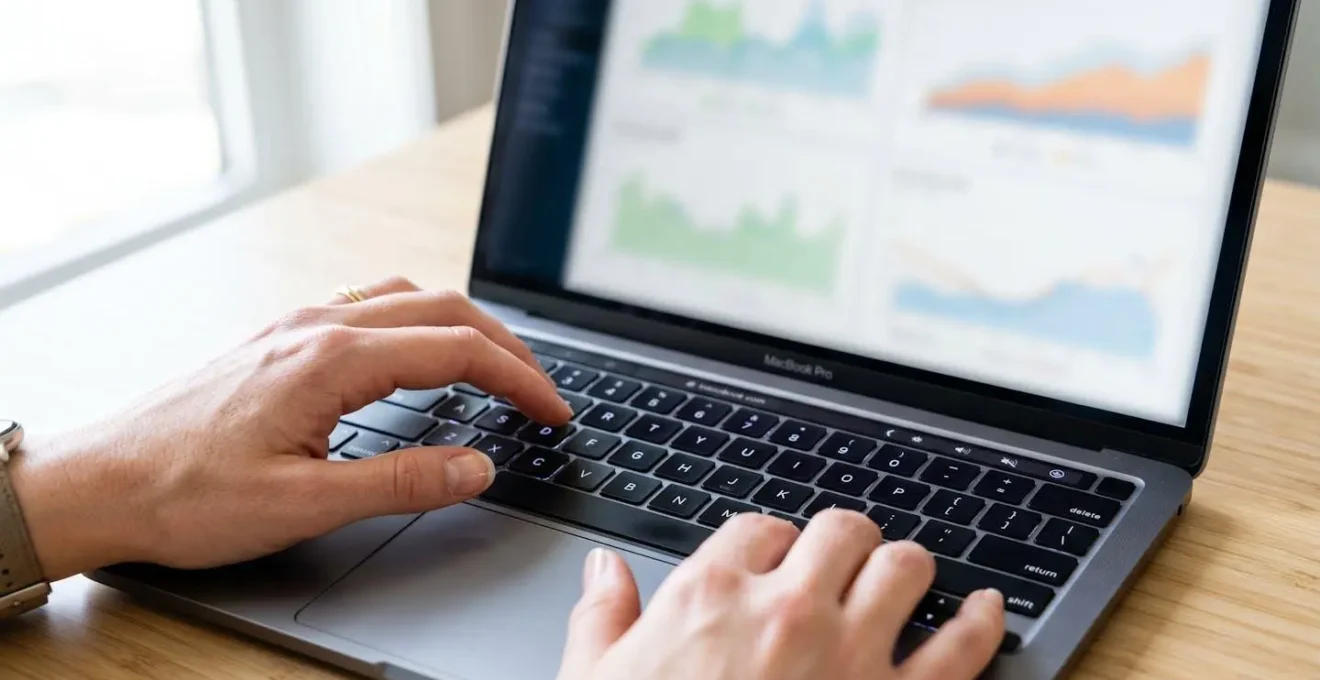 Primer plano de manos tecleando en el teclado de un portátil moderno, con pantalla mostrando gráficos de datos totalmente desenfocados en segundo plano