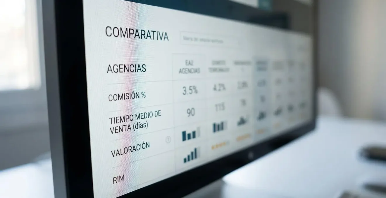 Primer plano de pantalla de ordenador mostrando interfaz digital con datos numéricos de agencias inmobiliarias