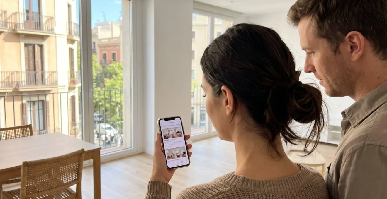 Dos personas consultan en un smartphone información inmobiliaria desde el salón de un piso moderno con vistas a Barcelona