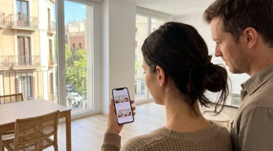 Dos personas consultan en un smartphone información inmobiliaria desde el salón de un piso moderno con vistas a Barcelona