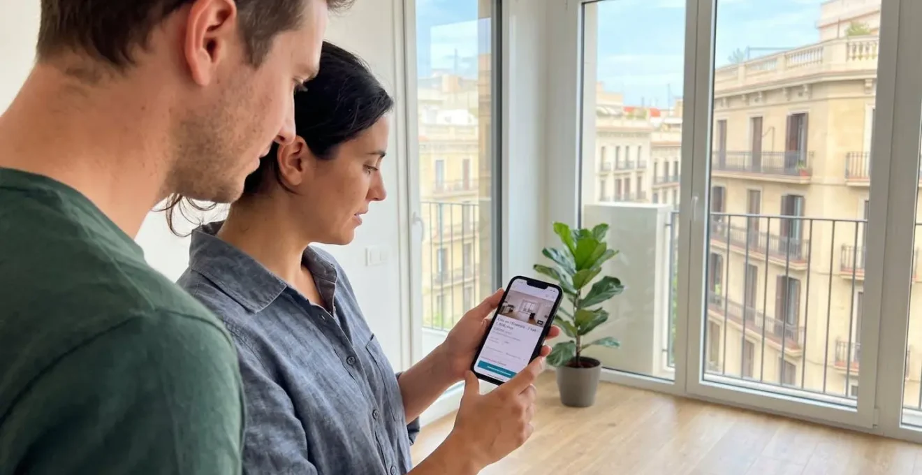Dos personas consultan en un smartphone información inmobiliaria desde el salón de un piso moderno con vistas a Barcelona