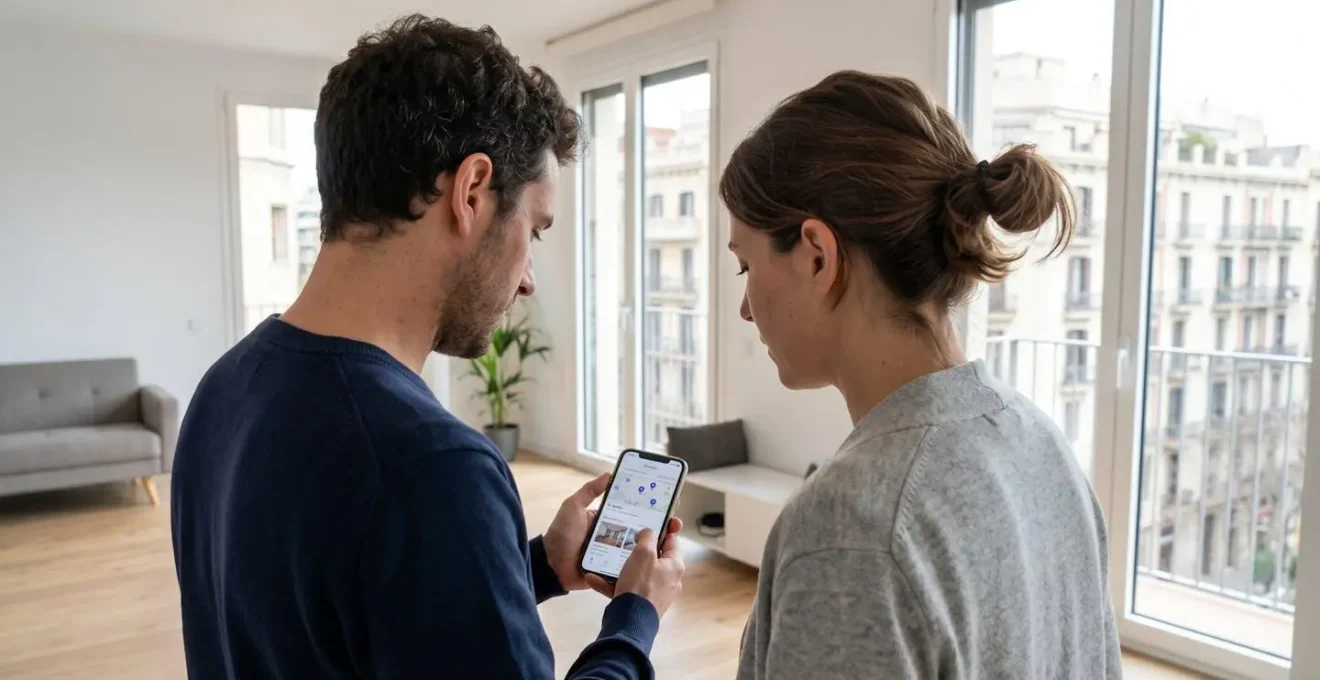 Dos personas consultan en un smartphone información inmobiliaria desde el salón de un piso moderno con vistas a Barcelona