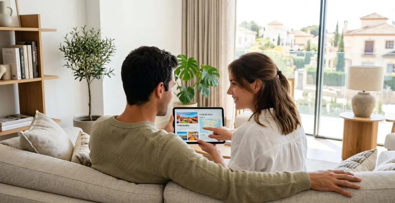 Una pareja joven sentada en un sofá moderno revisa información en una tablet, vista desde atrás, en un salón luminoso con luz natural