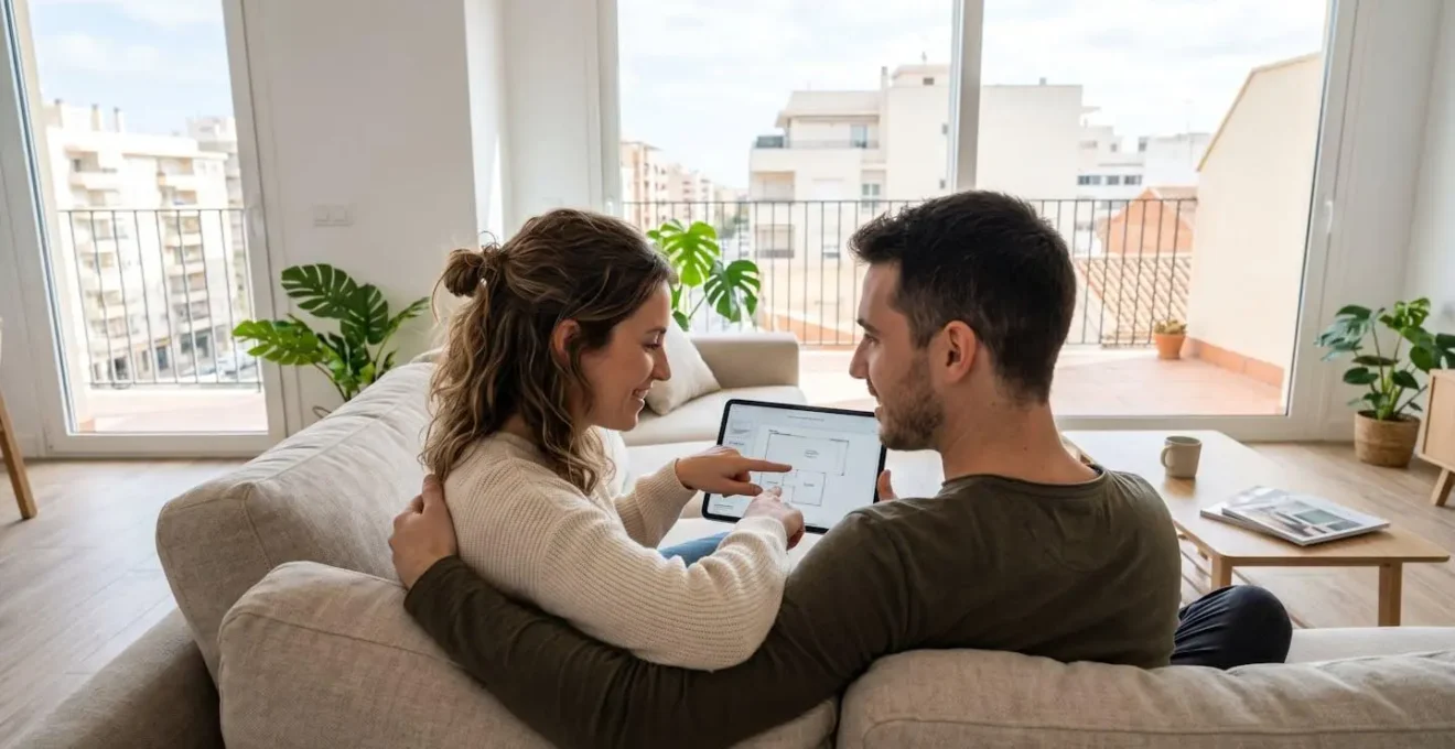 Una pareja joven sentada en un sofá moderno revisa información en una tablet, vista desde atrás, en un salón luminoso con luz natural