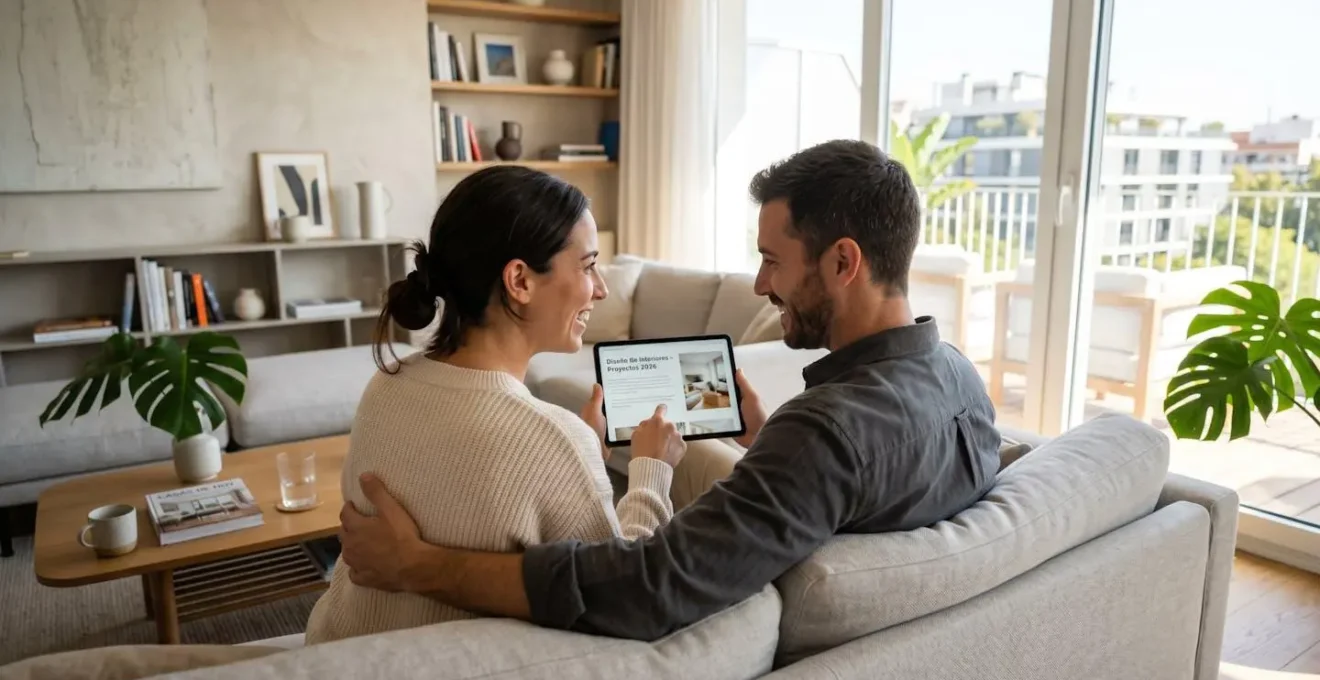 Una pareja joven sentada en un sofá moderno revisa información en una tablet, vista desde atrás, en un salón luminoso con luz natural