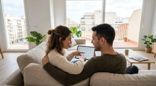 Una pareja joven sentada en un sofá moderno revisa información en una tablet, vista desde atrás, en un salón luminoso con luz natural